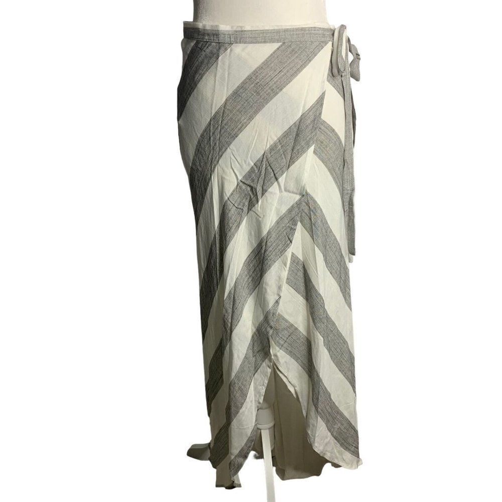 Lulus Cotton Linen Blend Wrap Skirt M Grey White Striped Maxi Lined Tie Waist